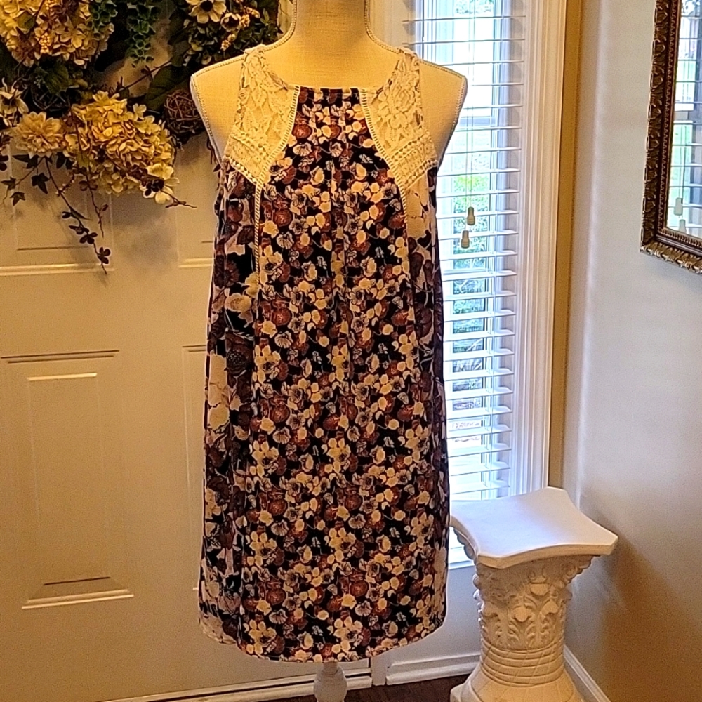 Taylor & Sage mauve & navy cream floral sleeveless dress lace trim A line S EUC…